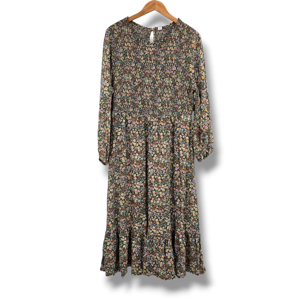 Old Navy XL Green Ditsy Floral Smocked Midi Dress Long Sleeve Boho Cottagecore